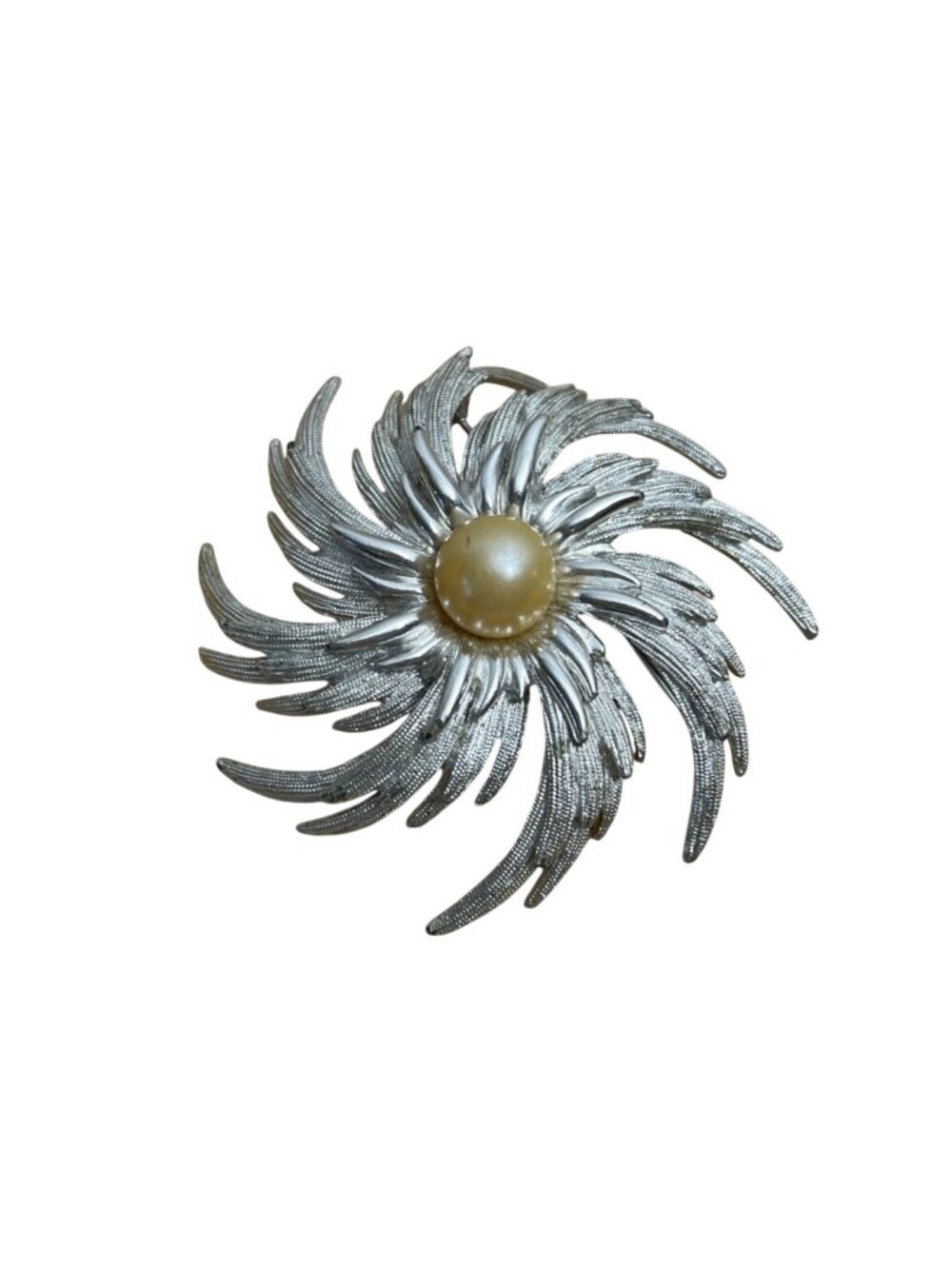Vtg Sarah Coventry Silver-Tone Swirl Pinwheel Starburst Brooch Faux Pearl 1960s
